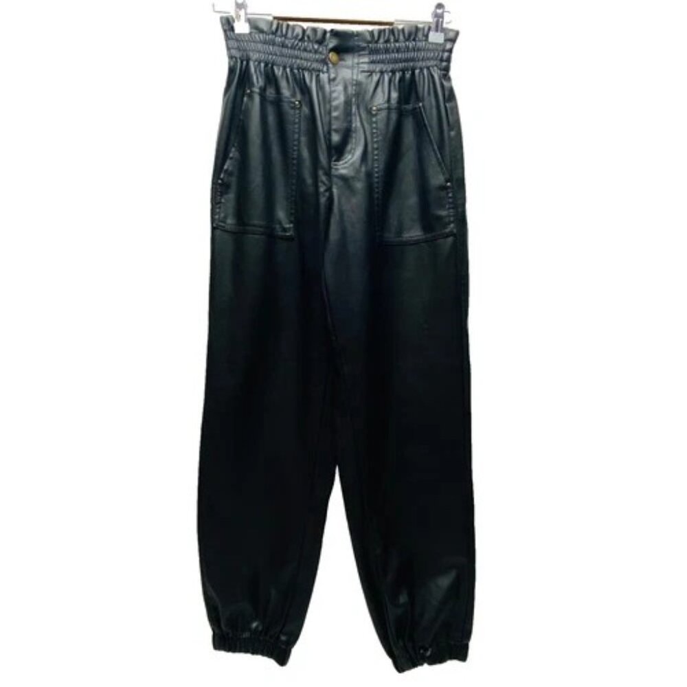 Forever 21‎ Faux Leather Pants Women's Medium Black Elastic High Waist + Hem EUC
